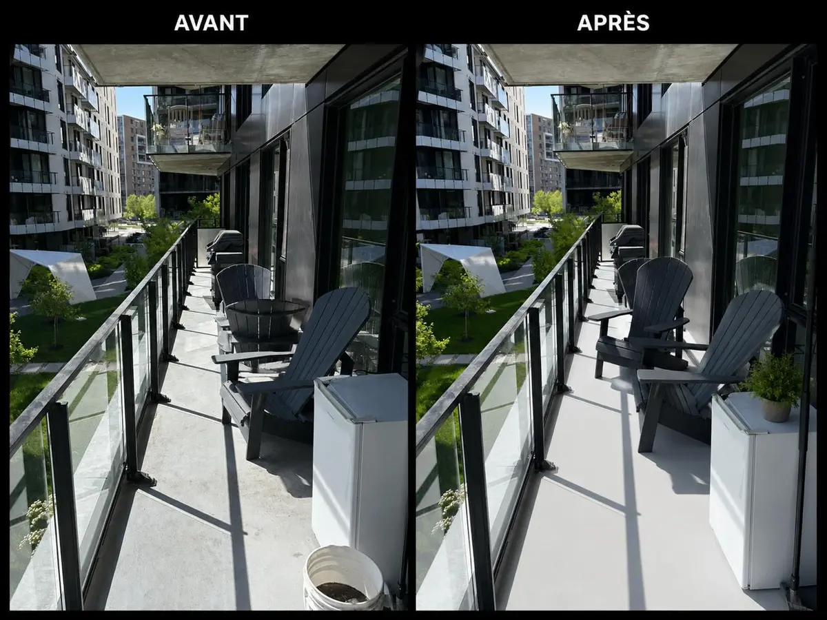 Comparaison avant et après d’un sol de balcon à Griffintown